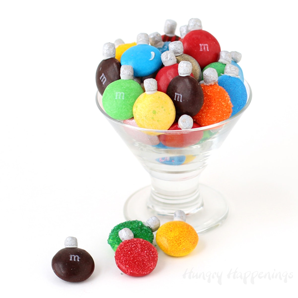 candy Christmas ornaments made with M&M's and dehydrated marshmallows. 