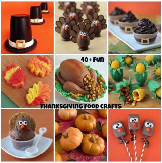 fun Thanksgiving recipes and food crafts including Chocolate Pilgrim Hats, Pumpkin Turkey Truffles, Turkey Cake, Cheesecake Leaves, Rice Krispie Treat Turkey Pops, and more.