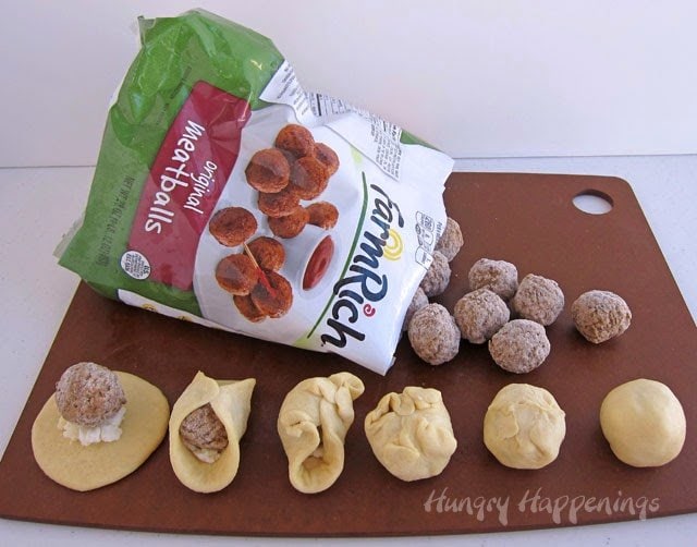 Farm Rich meatballs wrapped in ricotta cheese and pizza dough. 