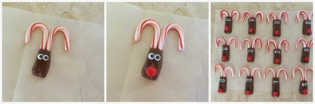 attach two candy eyes and one red candy nose to each chocolate dipped candy cane Rudolph
