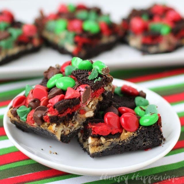 Christmas magic bars topped with red and green M&M's.
