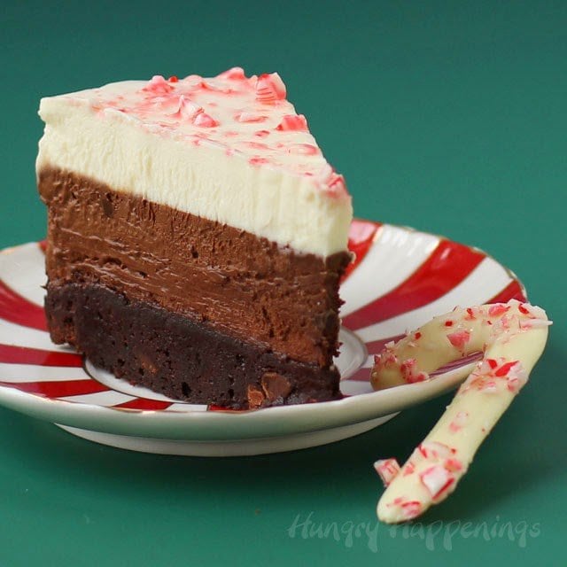 Christmas Dessert Recipe - Chocolate Peppermint Mouse Cake with Peppermint Bark Candy Canes | https://hungryhappenings.com/