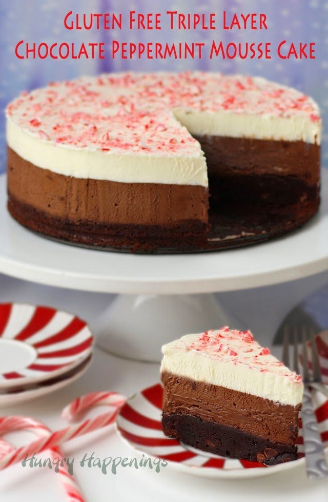 Gluten Free Triple Layer Chocolate Peppermint Mousse Cake | https://hungryhappenings.com/