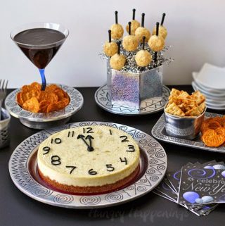 New Year's Eve Appetizers and Desserts including a savory cheesecake countdown clock and mini cheese balls
