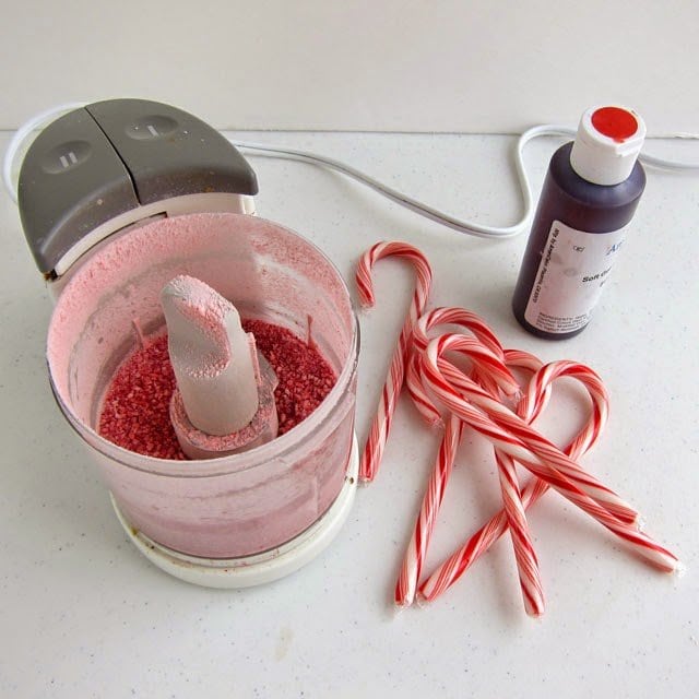 Crush candy canes in food processor. 