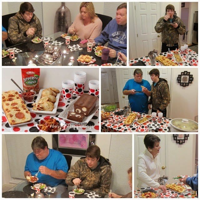 pepperoni polka dot party with guests enjoying pepperoni-filled bread, won tons, and more .