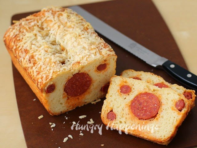 pepperoni bread slices to show the polka dots inside. 