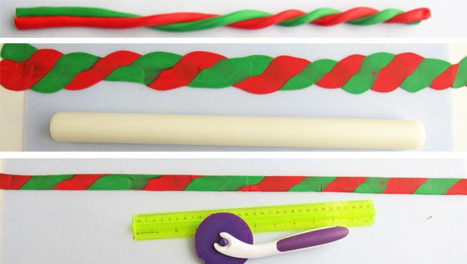 Twist red and green fondant ropes together then flatten and cut into ribbons. 