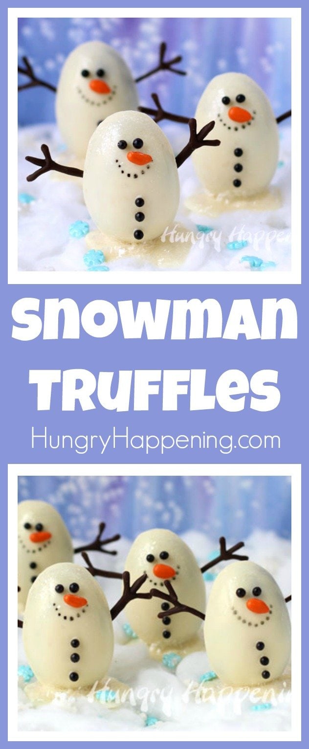 This winter warm up in the kitchen with some Snowmen Truffles filled with Chocolate Hazelnut Coffee Ganache. They are so darn cute!