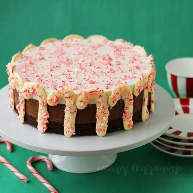 Christmas Dessert Recipe - Chocolate Peppermint Mouse Cake with Peppermint Bark Candy Canes | https://hungryhappenings.com/
