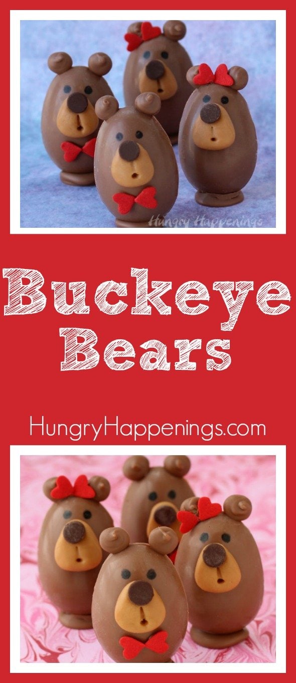 You may think these Buckeye Bears are too cute to eat, but you wont be able to resist their peanut butter fudge filled chocolate bellies, caramel snouts, and chocolate chip noses. They make the sweetest treats for Valentine's Day.