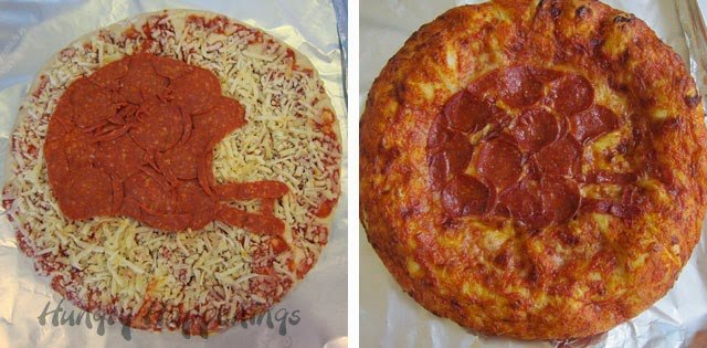 pizza with a football helmet created with pepperoni on top. 