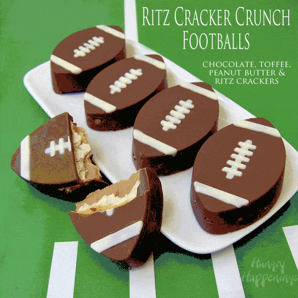 making chocolate footballs filled with crackers, peanut butter, and toffee. 