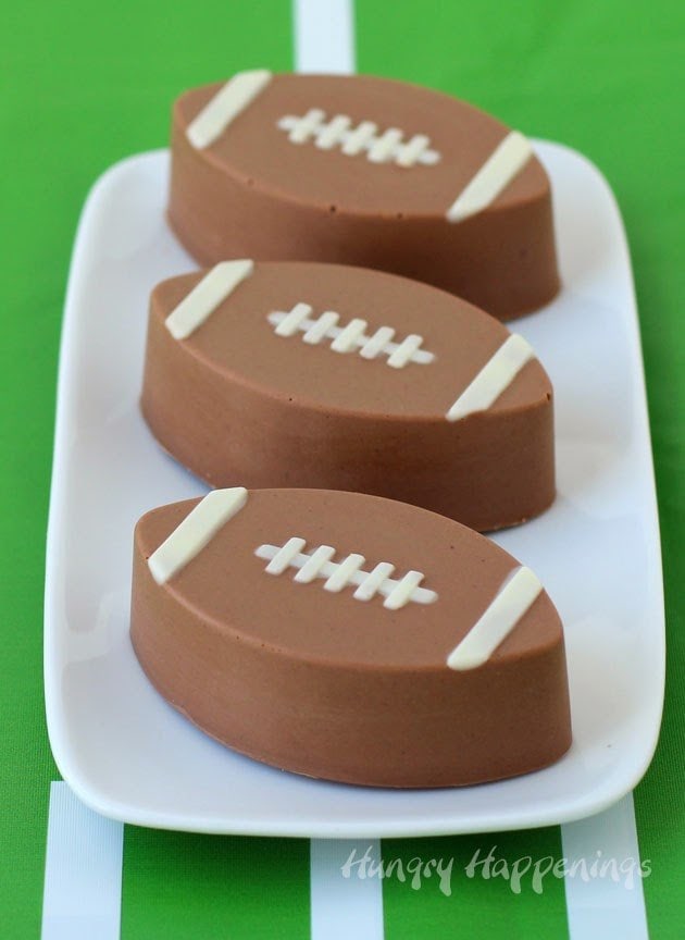 Chocolate Peanut Butter Fudge Footballs with white chocolate laces