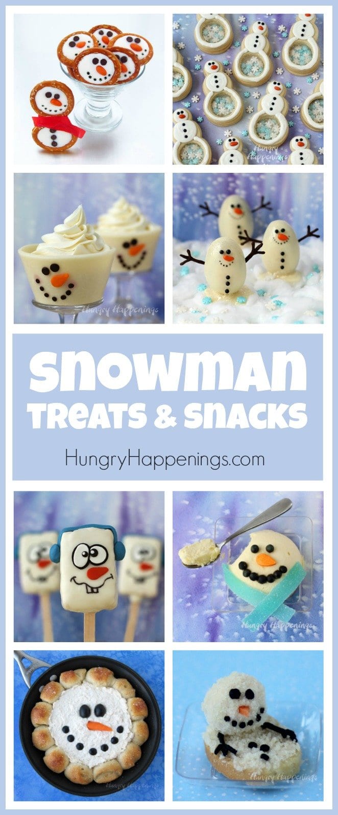 This winter have fun making some cute Snowman Treats and Snacks. Snowman cupcakes, chocolates, cheesecake, and pretzels will make wonderful Christmas treats. See all the recipes at HungryHappenings.com.