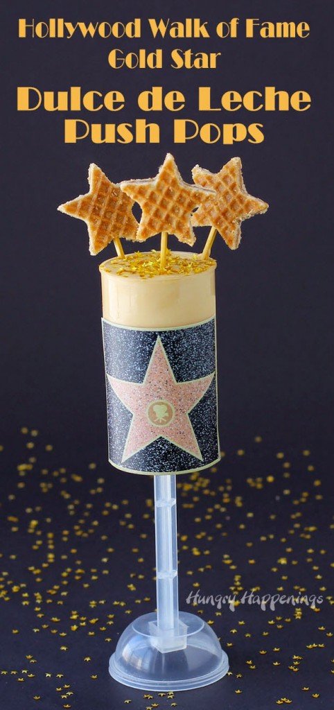 Dress up a super simple 2 ingredient ice cream and show it off at your Academy Awards party. These festive Hollywood Walk of Fame Gold Star Dulce de Leche Push Pops may be easy to create, but they sure are showstoppers. | HungryHappenings.com