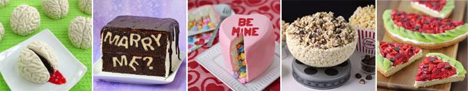 Hungry Happenings Recipe Images - Cake Ball Brains, Marry Me Cake, Conversation Heart Cake, Popcorn Bowl, and Fruit Pizza Watermelon