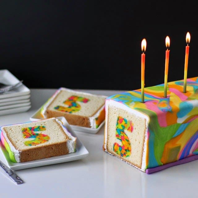 rainbow tie-dye surprise inside birthday cake. 