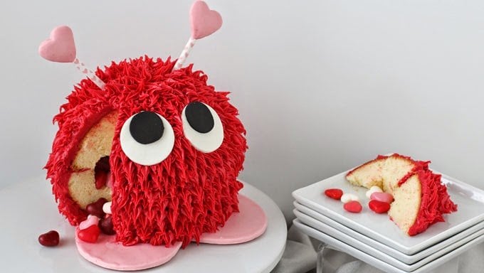 Valentine's Day warm fuzzy cake with candy inside
