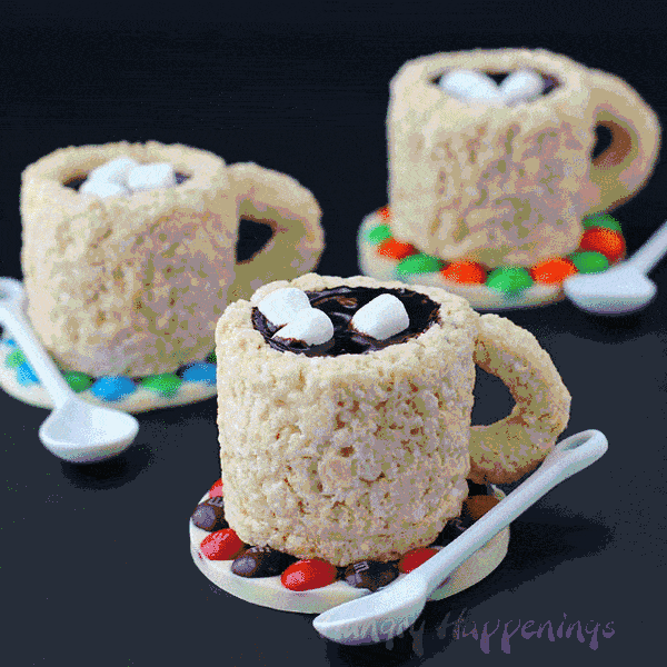 I hosted a Krispies Kreations party for a few friends last month and surprised them with these Cafe Mocha Rice Krispie Treat Cups! They are adorable and delicious, the best of both worlds! 