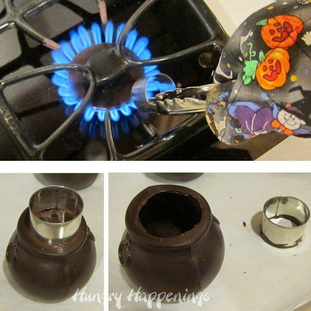 heating a round cookie cutter over an open flame then using it to cut a hole in the top of a chocolate cauldron