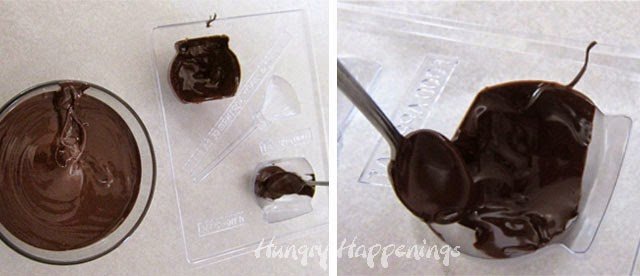 fill a cauldron candy mold with dark chocolate and brush it up the sides of the mold
