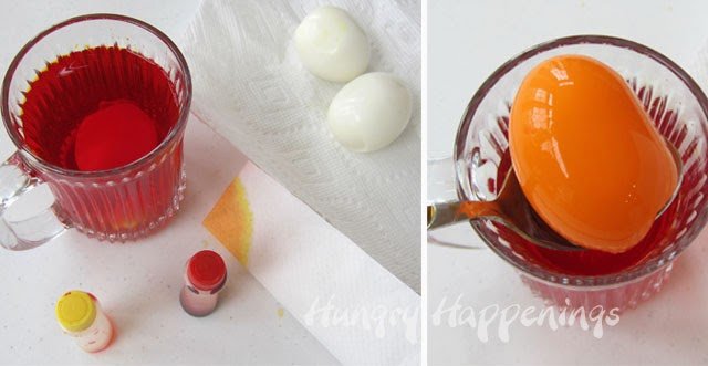 How to die hard boiled eggs using food coloring and water. Tutorial at HungryHappenings.com