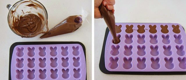 Combine Reese's Spread with melted chocolate then pipe it into silicone bunny mold.