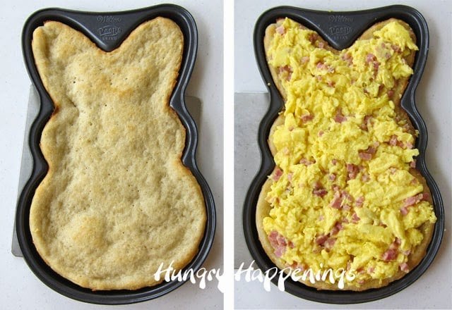 Peeps-shaped pizza curst topped with scrambled eggs and ham. 