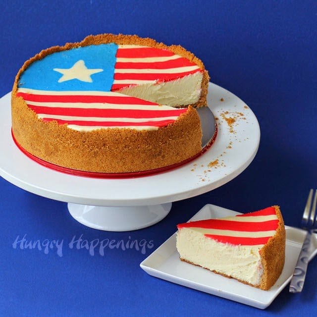 Decorated Cheesecake with a red, white, and blue flag