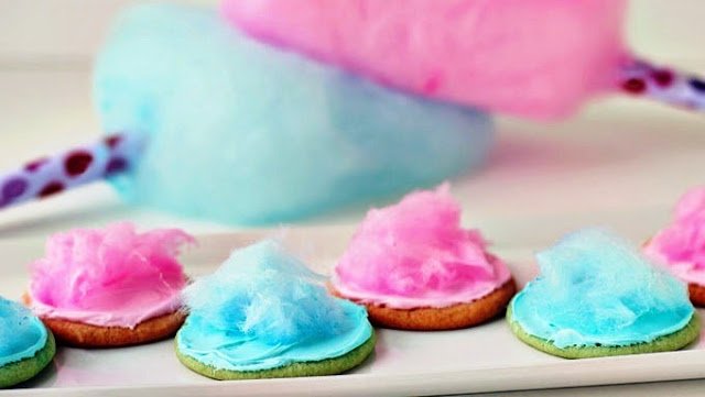 Pink and blue cotton candy topped sugar cookies.