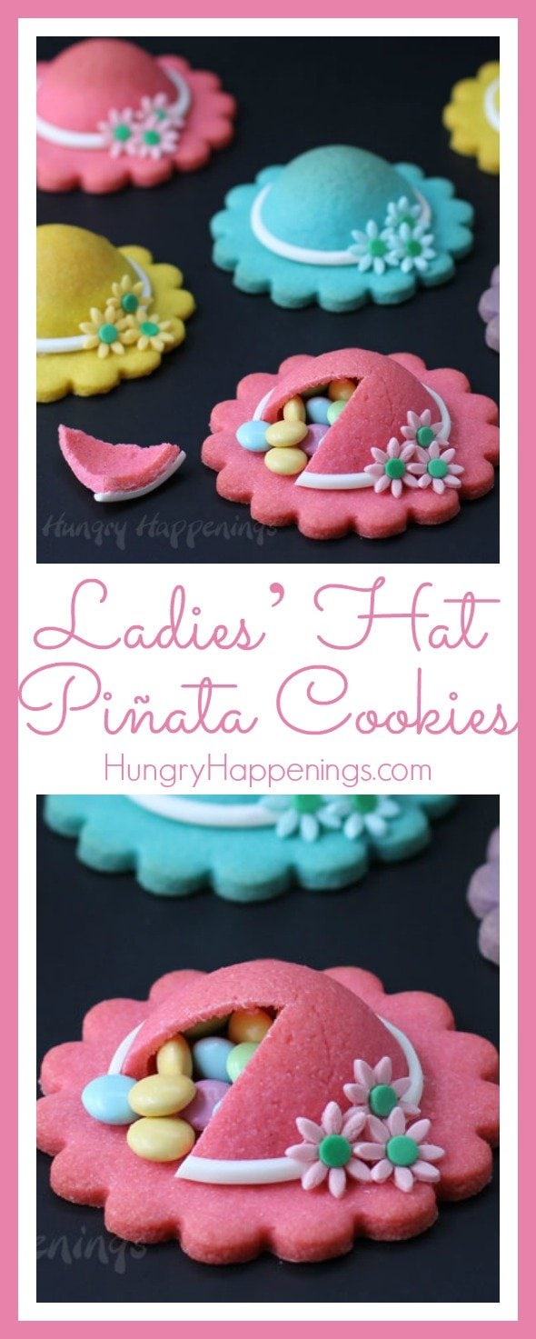 a collage of images showing Ladies Hat Pinata Cookies decorated with pastel colored modeling chocolate daisies and filled with M&M's. 