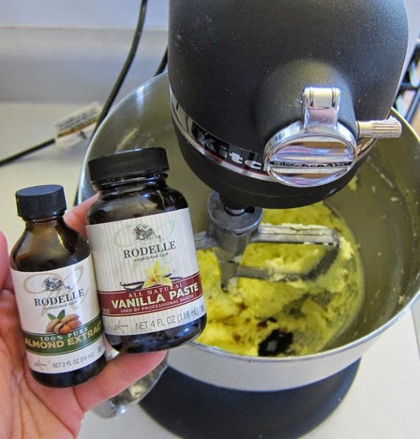 making cookie dough in a KitchenAid mixer using Rodelle vanilla bean paste and almond extract