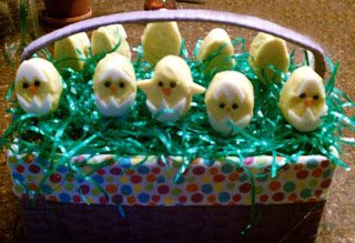 hatching chick Rice Krispie Treats in an Easter basket.