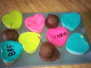 conversation heart cheesecakes and chocolate cake balls. 
