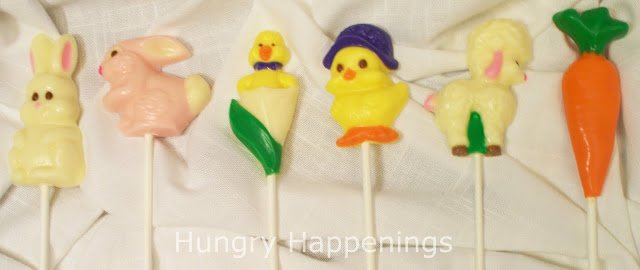 White chocolate Easter lollipops including bunnies, chick, duck, lamb, and carrot. 
