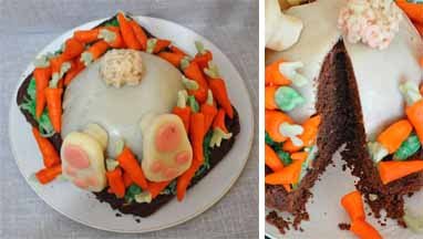 bunny butt cake with bunny surrounded by candy carrots. 