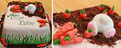 bunny butt cake with chocolate cookie crumb dirt and fondant carrots. 