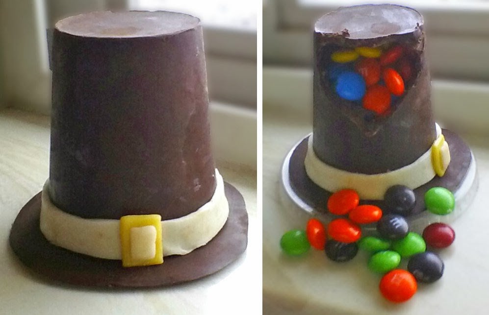 chocolate pilgrim hats filled with M&Ms