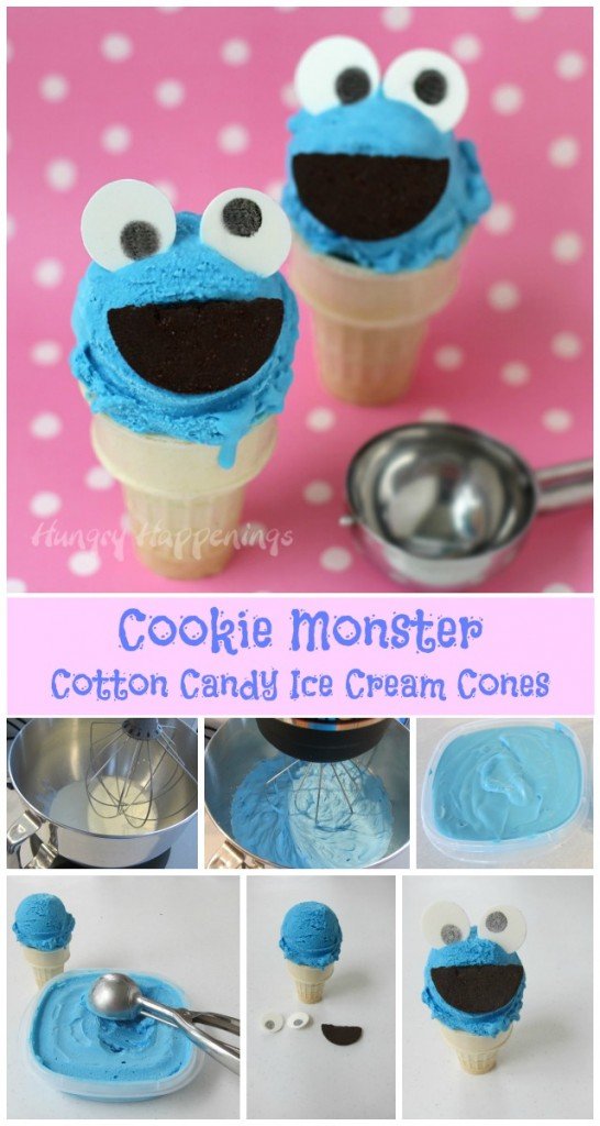 In 5 minutes you can make a super simple 4 ingredient Cotton Candy Ice Cream and when it's frozen use it to create these adorable Cookie Monster Ice Cream Cones. Recipe at HungryHappenings.com