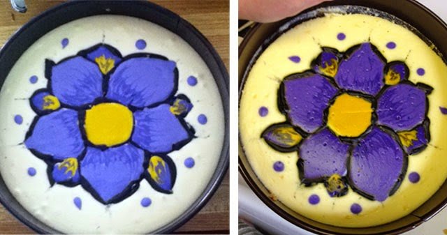 pretty cheesecake decorated with a blue flower.