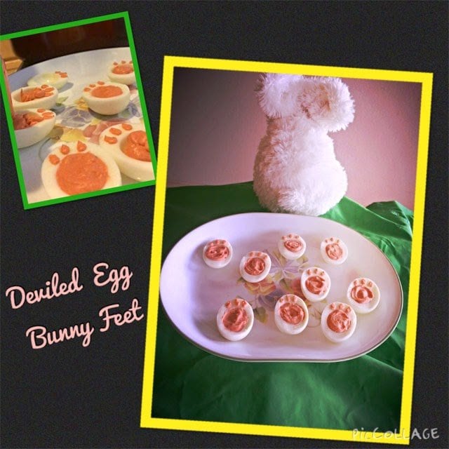 deviled eggs decorated like bunny feet. 