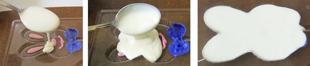 collage of images showing how to fill a candy mold with white chocolate