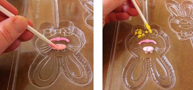 painting colored candy melts into the bunny's nose then adding yellow polka dots to it's bow tie