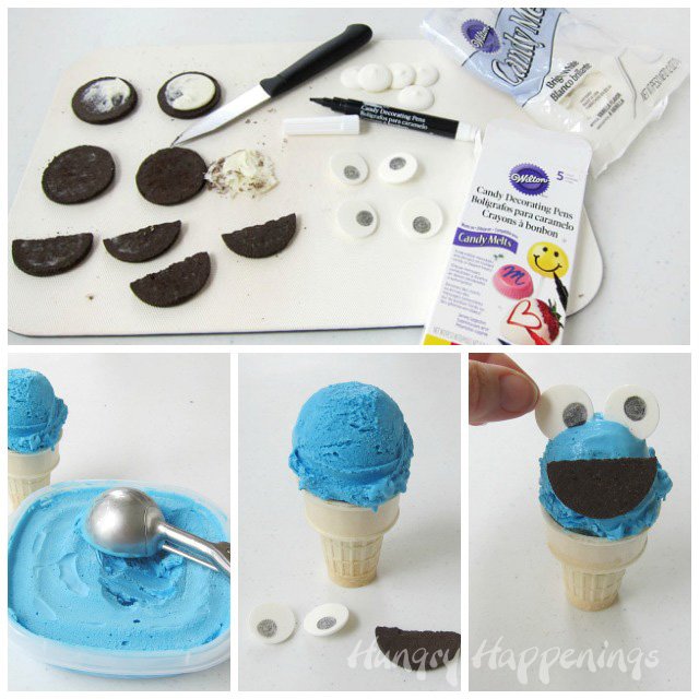 How to make a Cookie Monster Cotton Candy Ice Cream Cone. Tutorial at HungryHappenings.com
