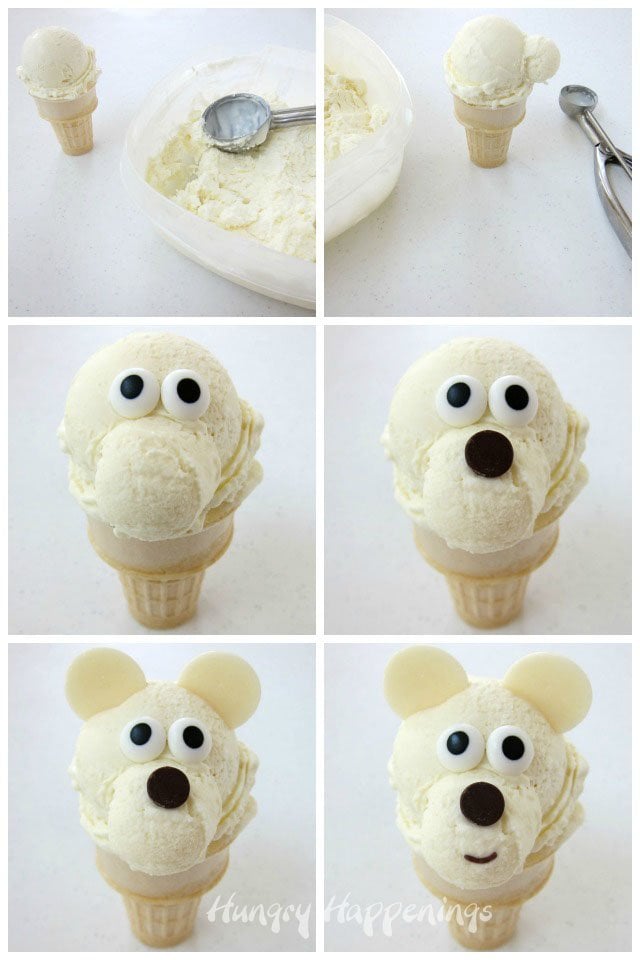 It's super fun and easy to decorate an Ice Cream Cone Polar Bear. See the instructions at HungryHappenings.com.