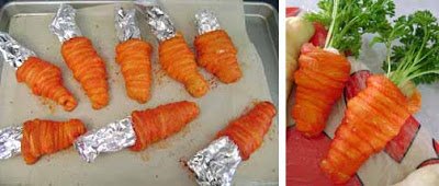 making crescent roll carrots using tin foil cones. 