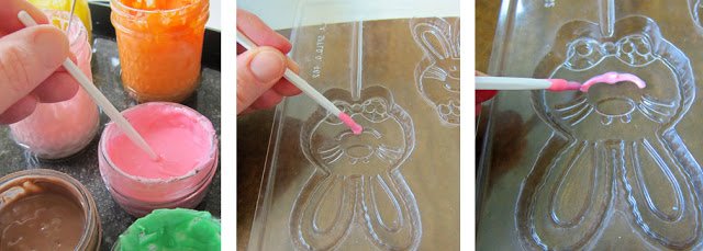 collage of images showing how to dip a paint brush into pink candy melts then to paint them into a candy mold to make an Easter bunny lollipop