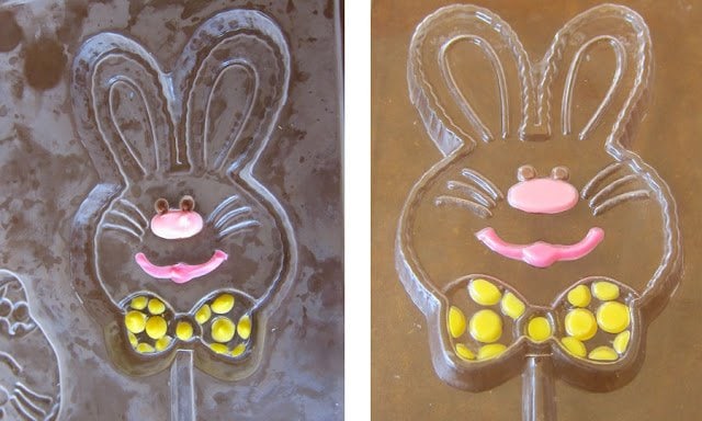 collage of images showing a candy mold that has just come out of the freeze with frost on it and a dried mold that has been painted using candy melts