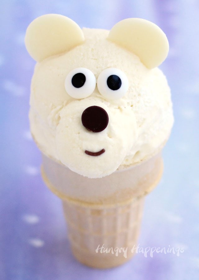 Chill out with some adorable Ice Cream Cone Polar Bears made from homemade Toasted Coconut Cheesecake Ice Cream. Find the recipe at HungryHappenings.com 